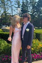 Blush Pink Satin Spaghetti-Strap Lace-Up Back Floor-Length Prom Dress