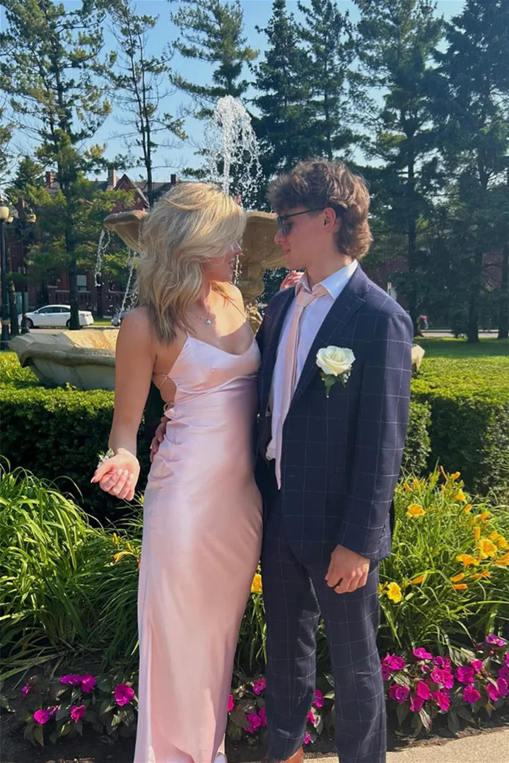 Blush Pink Satin Spaghetti-Strap Lace-Up Back Floor-Length Prom Dress