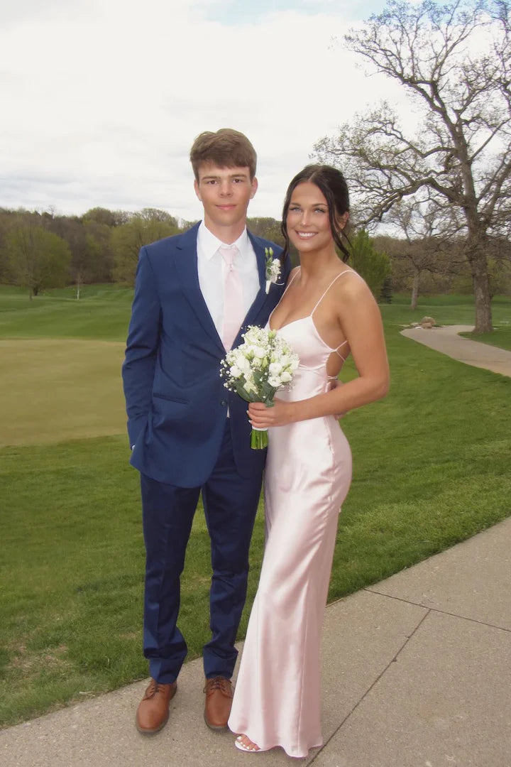 Blush Pink Satin Spaghetti-Strap Lace-Up Back Floor-Length Prom Dress