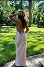 Blush Pink Satin Spaghetti-Strap Lace-Up Back Floor-Length Prom Dress