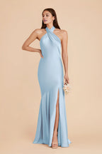 Lustrous Sky Blue Satin Crisscross Halter Mermaid Maxi Bridesmaid Dress with Open Back & Side Slit