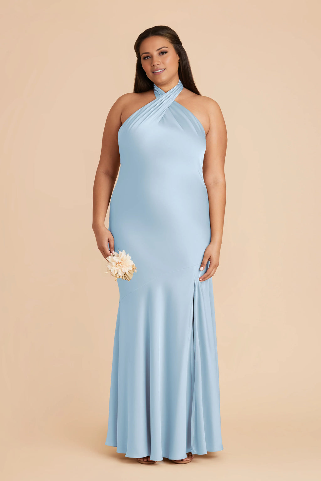 Lustrous Sky Blue Satin Crisscross Halter Mermaid Maxi Bridesmaid Dress with Open Back & Side Slit