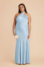 Lustrous Sky Blue Satin Crisscross Halter Mermaid Maxi Bridesmaid Dress with Open Back & Side Slit