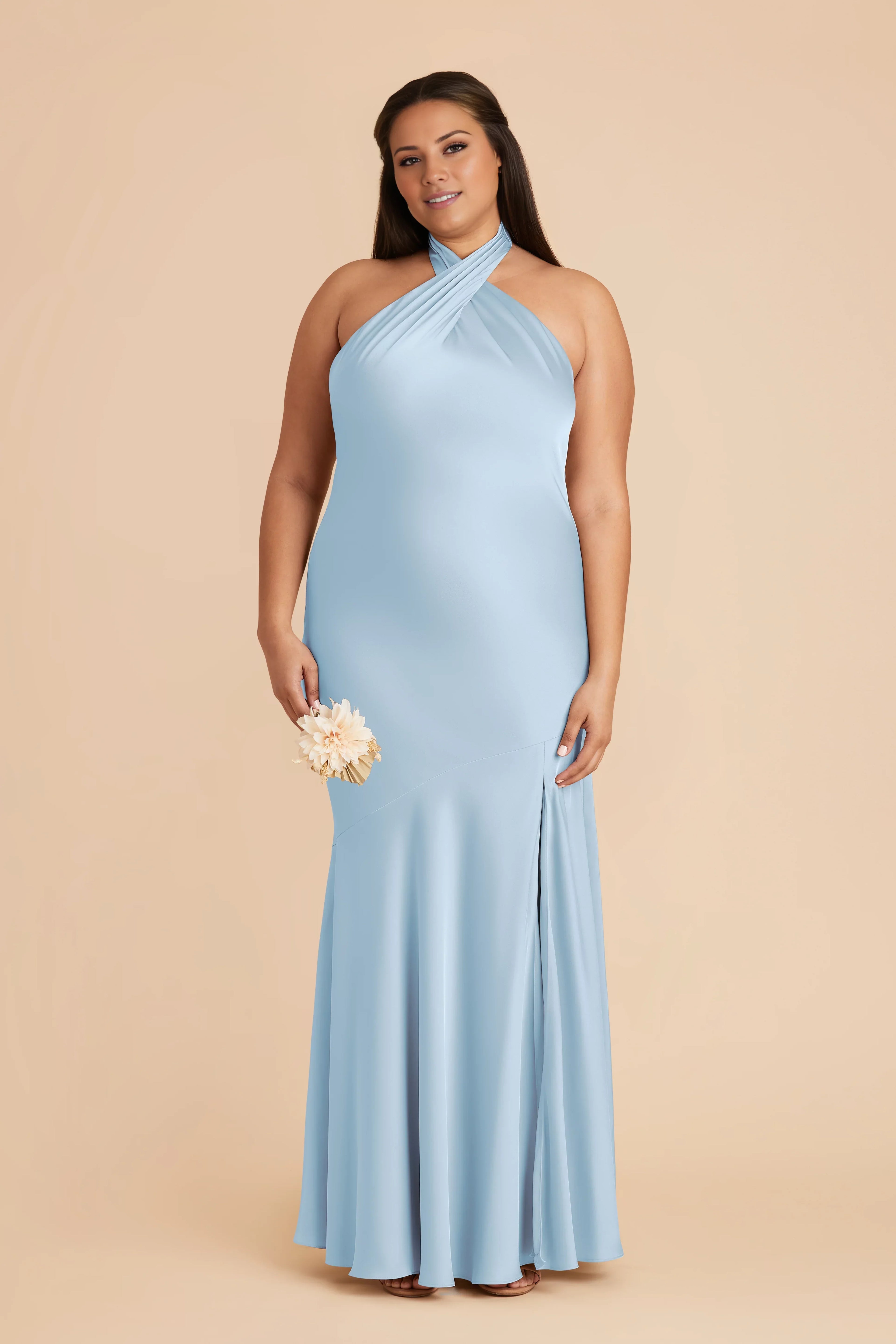 Lustrous Sky Blue Satin Crisscross Halter Mermaid Maxi Bridesmaid Dress with Open Back & Side Slit