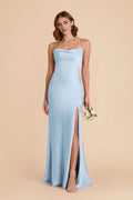 Lustrous Sky Blue Satin Sweetheart Maxi Bridesmaid Dress with Crisscross Back & High Side Slit