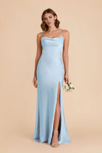 Lustrous Sky Blue Satin Sweetheart Maxi Bridesmaid Dress with Crisscross Back & High Side Slit