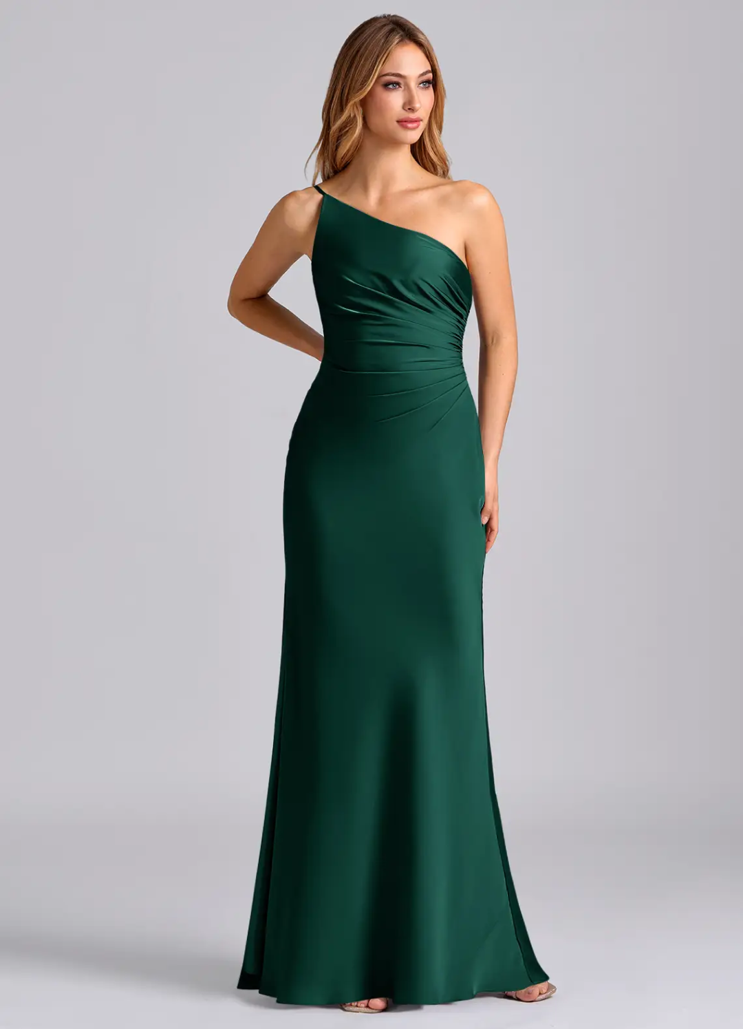 Lustrous Slim-Fit One-Shoulder Ruched Side Slit Zipper Back Floor-Length Bridesmaid Dress