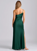 Lustrous Slim-Fit One-Shoulder Ruched Side Slit Zipper Back Floor-Length Bridesmaid Dress