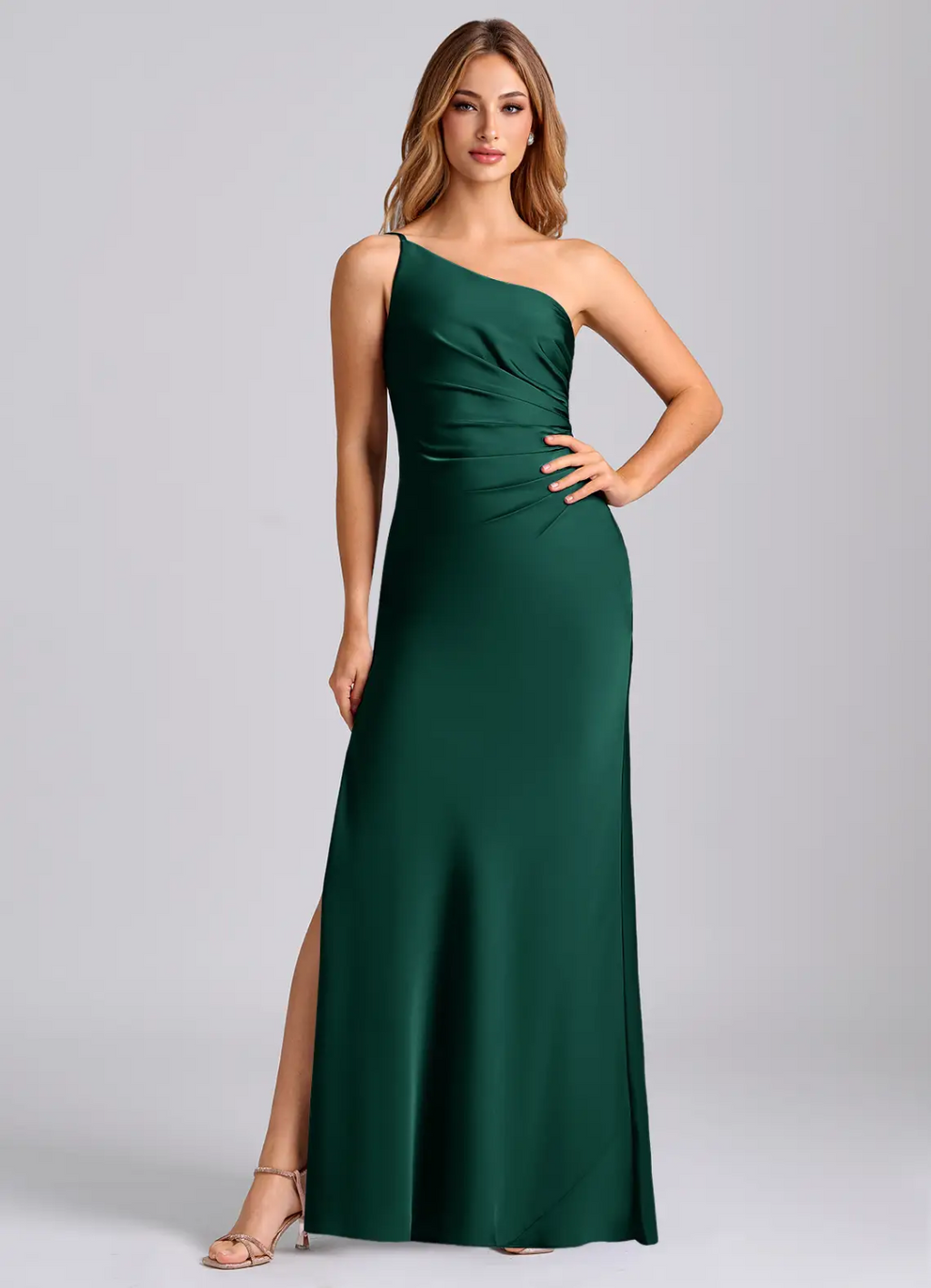 Lustrous Slim-Fit One-Shoulder Ruched Side Slit Zipper Back Floor-Length Bridesmaid Dress