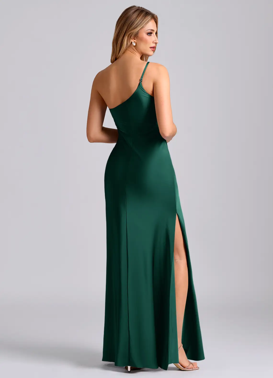 Lustrous Slim-Fit One-Shoulder Ruched Side Slit Zipper Back Floor-Length Bridesmaid Dress