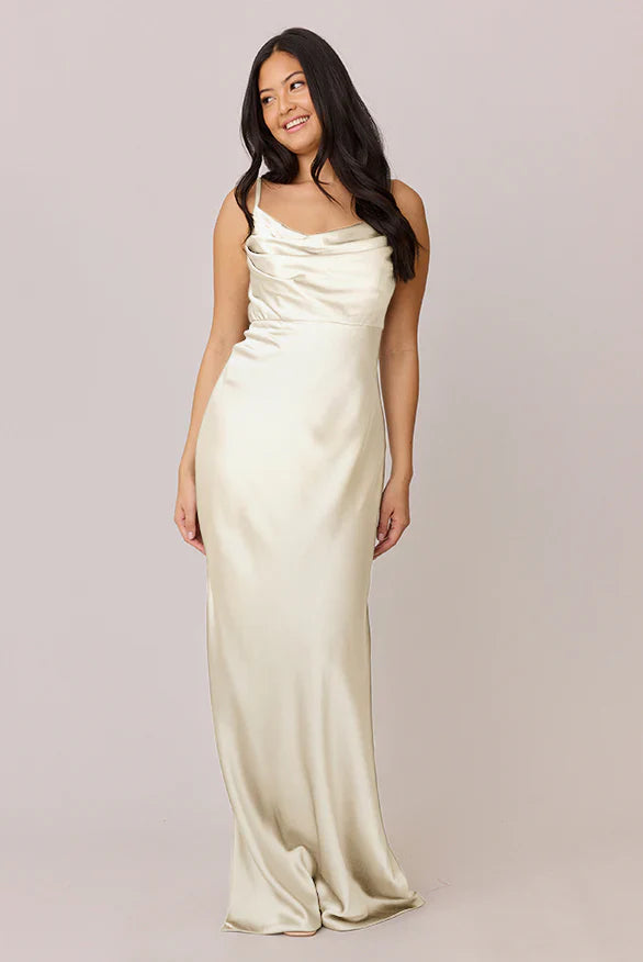Romantic Satin Cowl Neck Spaghetti Strap Side Slit Floor-length Champagne Bridesmaid Dress