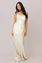 Romantic Satin Cowl Neck Spaghetti Strap Side Slit Floor-length Champagne Bridesmaid Dress
