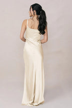 Romantic Satin Cowl Neck Spaghetti Strap Side Slit Floor-length Champagne Bridesmaid Dress
