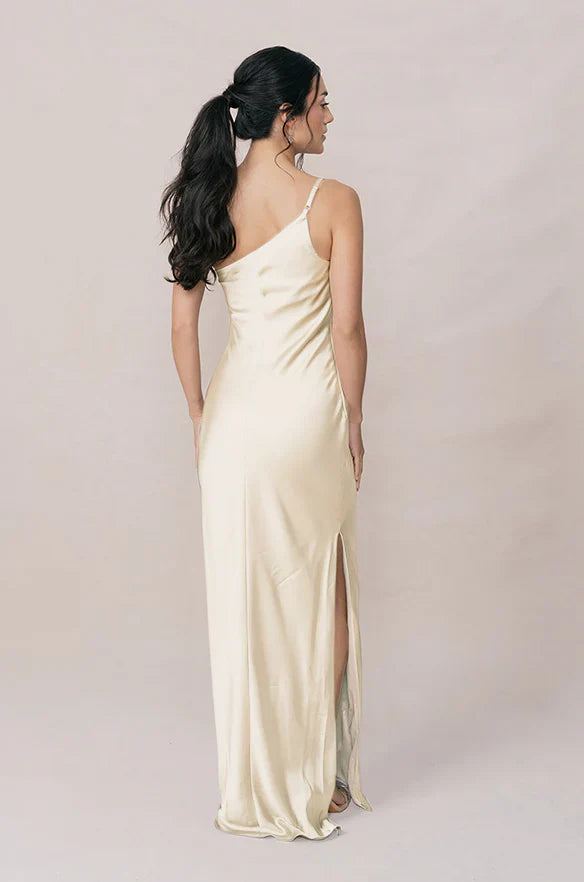 Lustrous Satin One-shoulder Ruched Side Slit Floor-length Champagne Bridesmaid Dress