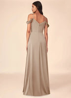 Luxe A-Line Cold-Shoulder Strap Sleeve V Back Floor Length Bridesmaid Dress