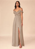 Luxe A-Line Cold-Shoulder Strap Sleeve V Back Floor Length Bridesmaid Dress