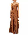 Luxe A Line Cowl Neck Spaghetti Strap Open Back Floor Length Prom Dress
