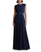Luxe A Line Crew Neck Sleeveless Cross Back Pleated Floor Length For Women Prom Dress