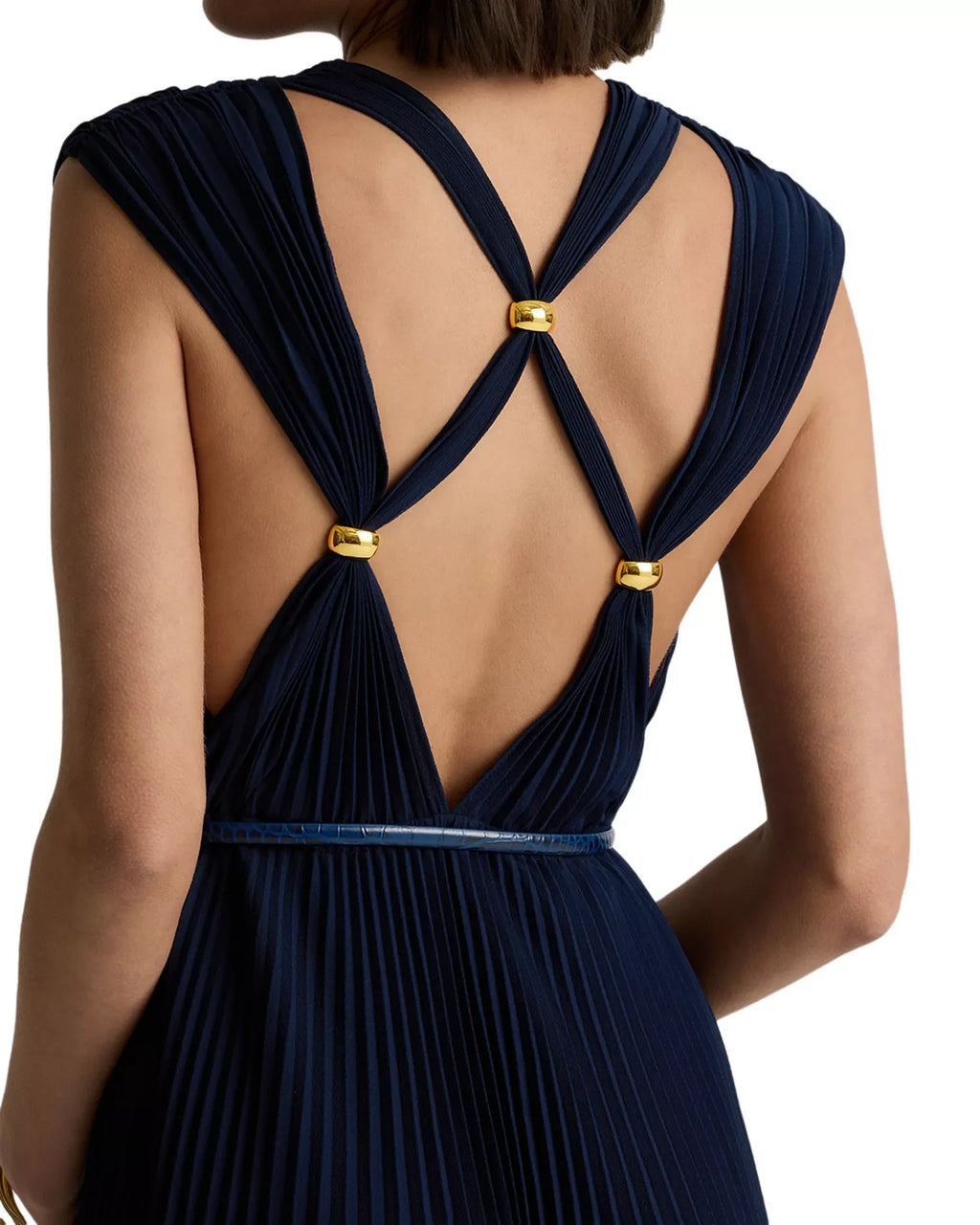 Luxe A Line Crew Neck Sleeveless Cross Back Pleated Floor Length For Women Prom Dress