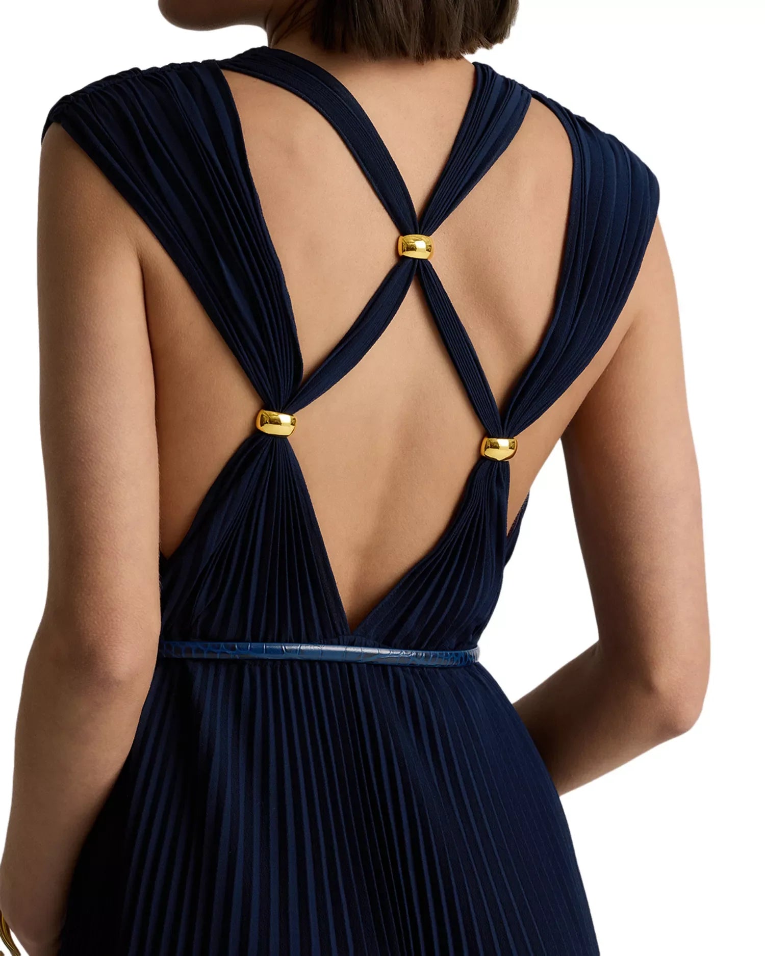 Luxe A Line Crew Neck Sleeveless Cross Back Pleated Floor Length For Women Prom Dress