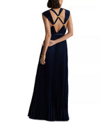 Luxe A Line Crew Neck Sleeveless Cross Back Pleated Floor Length For Women Prom Dress