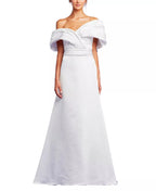 Luxe A-Line Off the Shoulder Draped Sleeve Open Back Train Floor Length Prom Dress