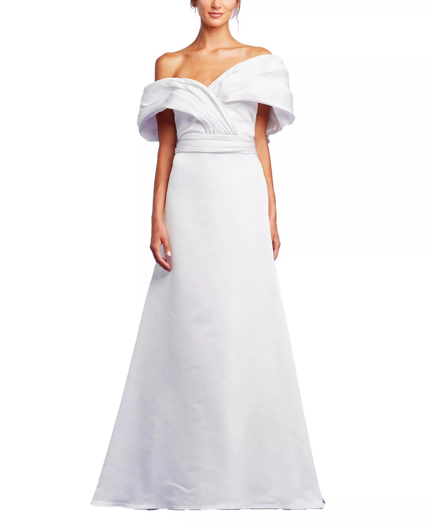 Luxe A-Line Off the Shoulder Draped Sleeve Open Back Train Floor Length Prom Dress
