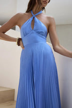 Luxe A Line Plunge Halter Neck Sleeveless Pleated Skirt Floor Length Prom Dress