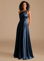 Luxe A-Line Satin One Shoulder Sleeveless Cut Out Back Floor Length Bridesmaid Dress