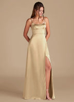 Luxe A-Line Satin Square Neck Spaghetti Strap Button Back Floor Length Bridesmaid Dress