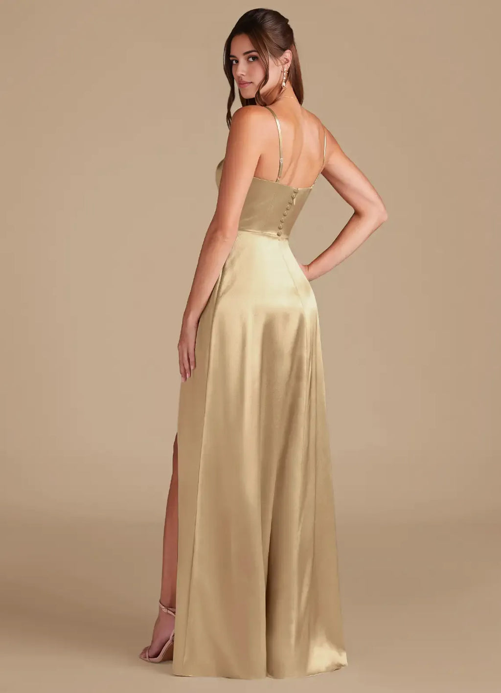 Luxe A-Line Satin Square Neck Spaghetti Strap Button Back Floor Length Bridesmaid Dress