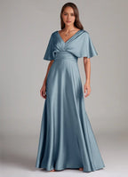 Luxe A-Line Satin V Neck Cape Sleeve Deep V Back Floor Length Bridesmaid Dress