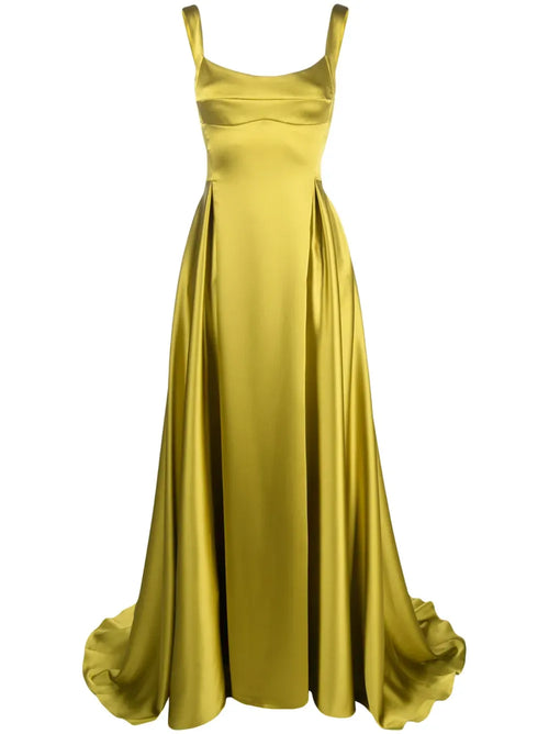 Luxe A-Line Square Neck Sleeveless Deep V Back Train Floor Length Prom Dress