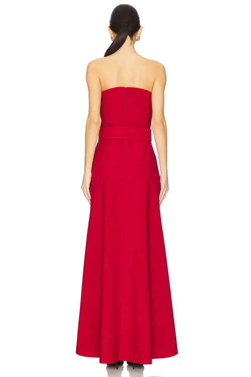 Robe de bal de luxe coupe trapèze, bustier, sans manches, ceinturée, longueur asymétrique (plus courte devant).