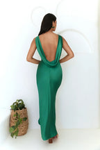 Luxe Mermaid Boat Neck Sleeveless Cowl Back Floor Length Prom Dress