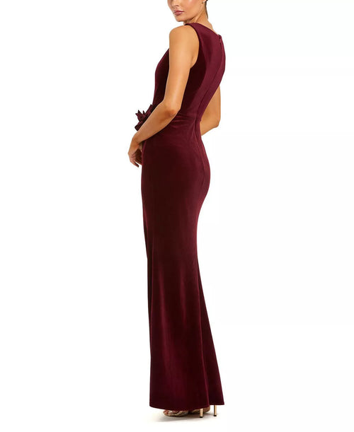 Luxe Mermaid Boat Neck Sleeveless Flower Accent High Slit Floor Length For Adults Prom Dress