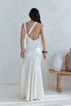 Luxe Mermaid Boat Neck Sleeveless Tie Back Asymmetric Floor Length Prom Dress