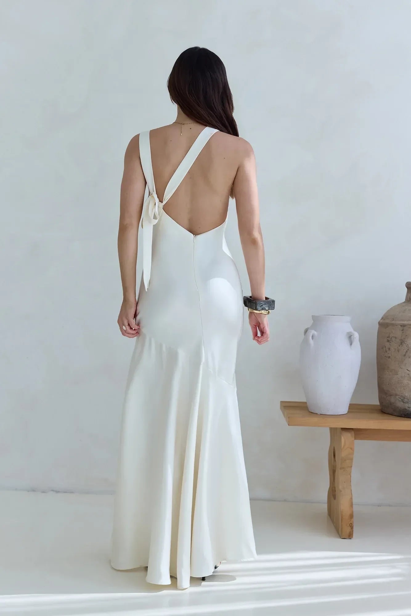 Luxe Mermaid Boat Neck Sleeveless Tie Back Asymmetric Floor Length Prom Dress