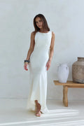 Luxe Mermaid Boat Neck Sleeveless Tie Back Asymmetric Floor Length Prom Dress