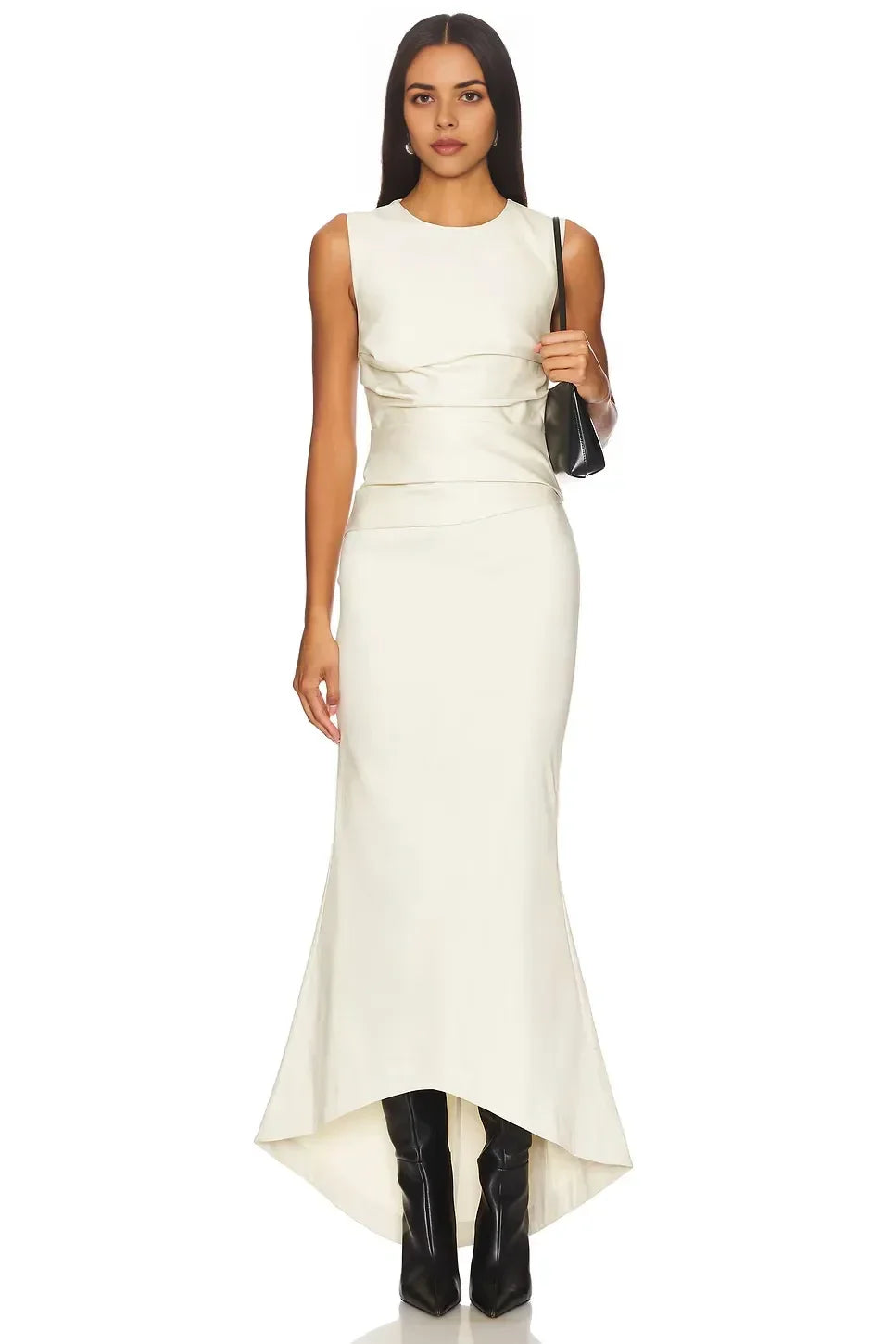 Luxe Mermaid Crew Neck Sleeveless Ruched Back High Low Floor Length Prom Dress