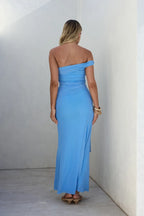 Luxe Mermaid Off Shoulder Ruched Bodice Draped Skirt Floor Length Prom Dress