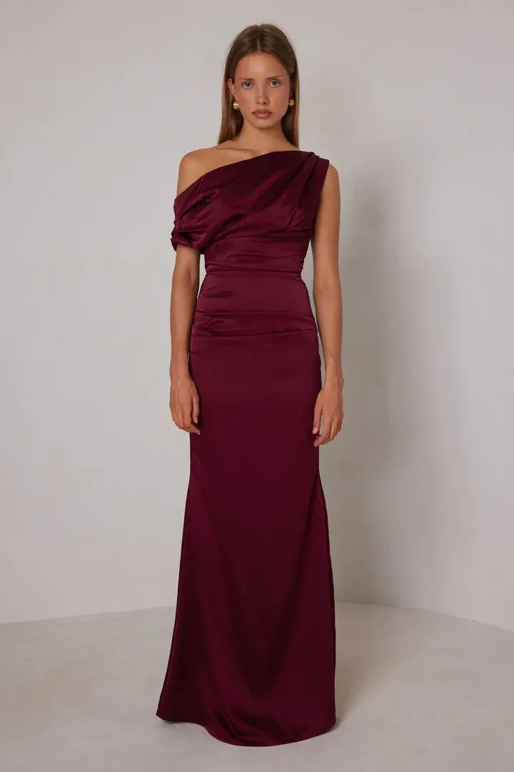 Luxe Mermaid One Shoulder Draped Sleeve Button Back Floor Length For Adults Prom Dress