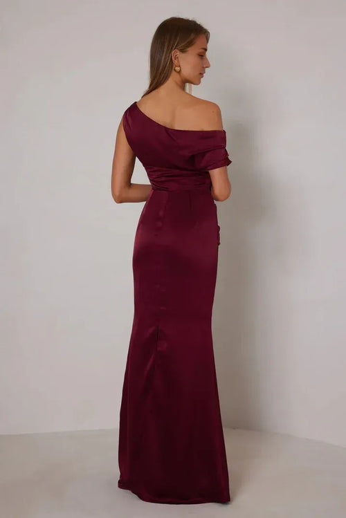 Robe de bal de luxe sirène asymétrique à manches drapées, boutonnée dans le dos, longueur ras du sol pour adultes