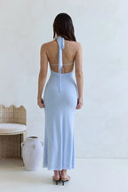 Luxe Mermaid Plunge Halter Neck Sleeveless Mesh Detailed Open Back Floor Length Prom Dress
