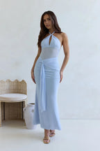Luxe Mermaid Plunge Halter Neck Sleeveless Mesh Detailed Open Back Floor Length Prom Dress