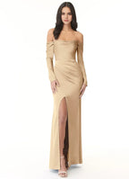 Luxe Mermaid Satin Off The Shoulder Long Sleeve Cut Out Back Floor Length Bridesmaid Dress