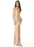 Luxe Mermaid Satin Off The Shoulder Long Sleeve Cut Out Back Floor Length Bridesmaid Dress