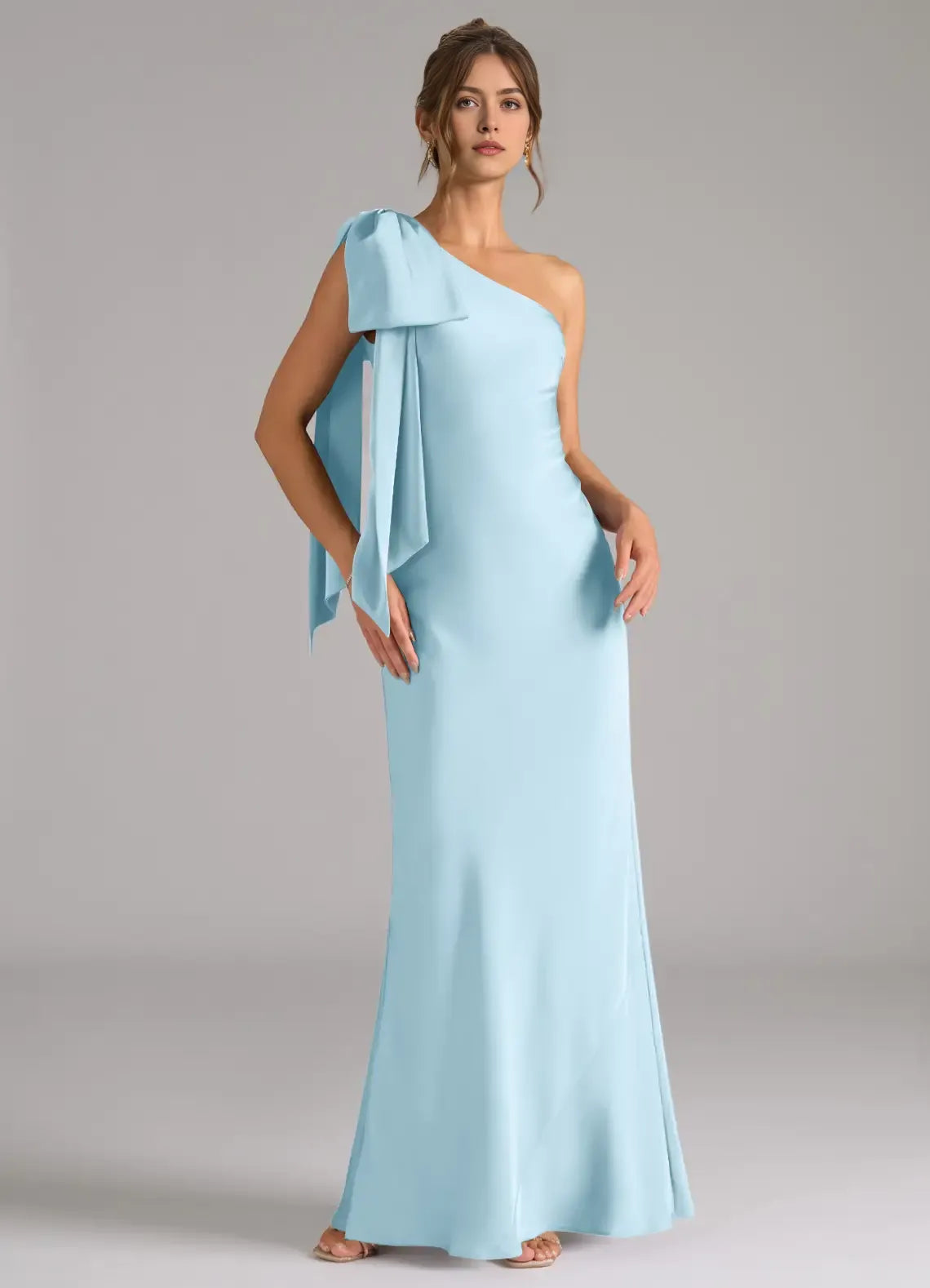 Luxe Mermaid Satin One Shoulder Bow Accent Cut Out Back Floor Length Bridesmaid Dress
