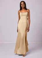 Luxe Mermaid Satin Square Neck Spaghetti Strap Bow Back Floor Length Bridesmaid Dress