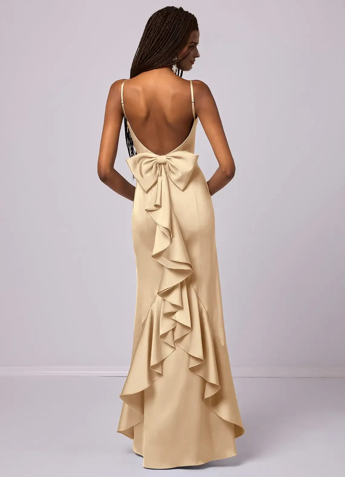 Luxe Mermaid Satin Square Neck Spaghetti Strap Bow Back Floor Length Bridesmaid Dress